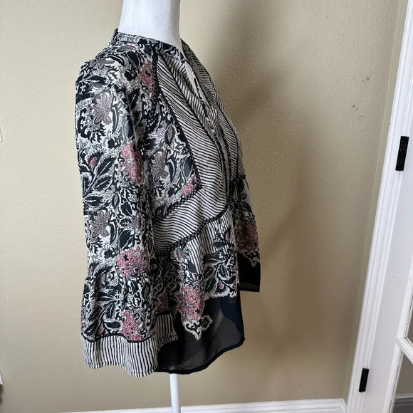 LUCKY BRAND Sheer V Neck Stripe & Floral Blouse Top Trumpet Sleeve - size Medium - Picture 8 of 10